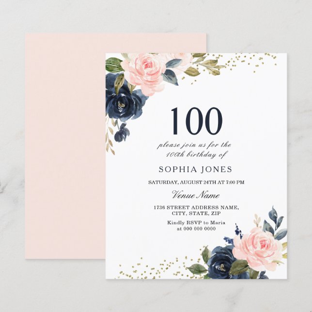 Navy & Blush Budget 100th Birthday Invitation (Front/Back)