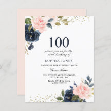 Navy & Blush Budget 100th Birthday Invitation