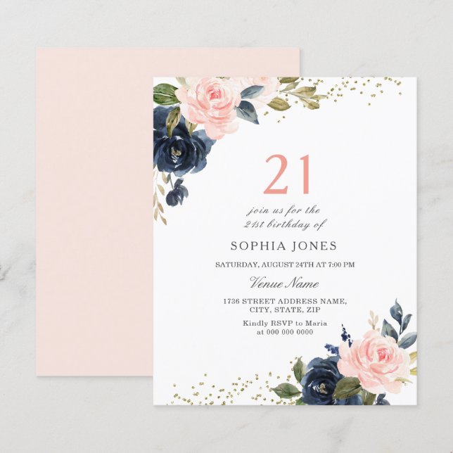 Navy & Blush Budget 21st Birthday Invitation (Front/Back)