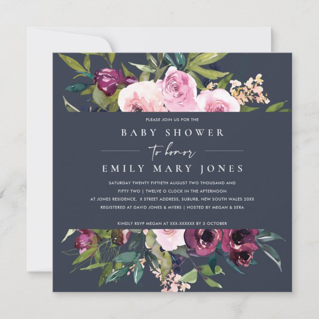 NAVY BLUSH BURGUNDY FLORAL BUNCH BABY SHOWER INVITATION (Front)