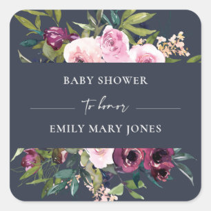 NAVY BLUSH BURGUNDY FLORAL BUNCH BABY SHOWER SQUARE STICKER