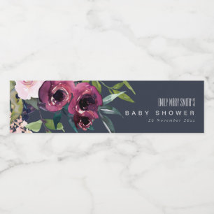 NAVY BLUSH BURGUNDY FLORAL BUNCH BABY SHOWER WATER BOTTLE LABEL