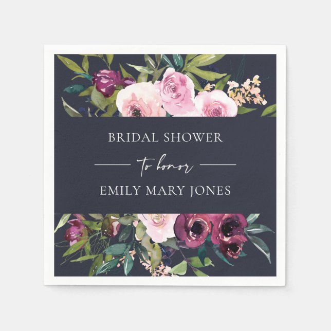 NAVY BLUSH BURGUNDY FLORAL BUNCH BRIDAL SHOWER NAPKIN (Front)
