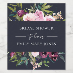 NAVY BLUSH BURGUNDY FLORAL BUNCH BRIDAL SHOWER WINE LABEL