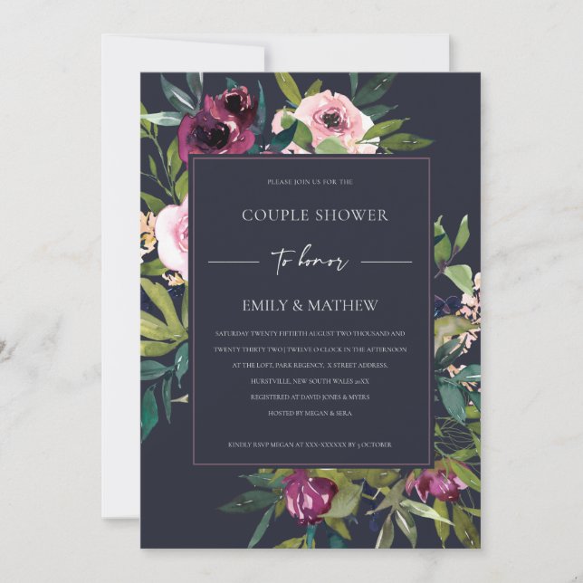 NAVY BLUSH BURGUNDY FLORAL BUNCH COUPLE SHOWER INVITATION (Front)