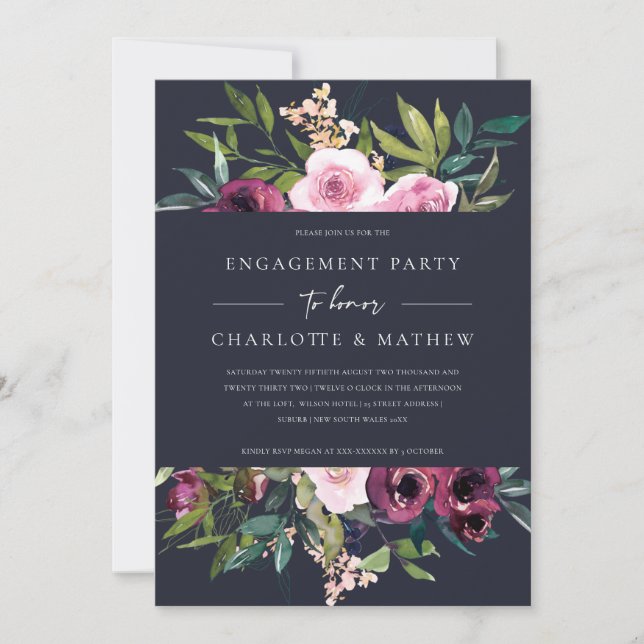 NAVY BLUSH BURGUNDY FLORAL BUNCH ENGAGEMENT PARTY INVITATION (Front)