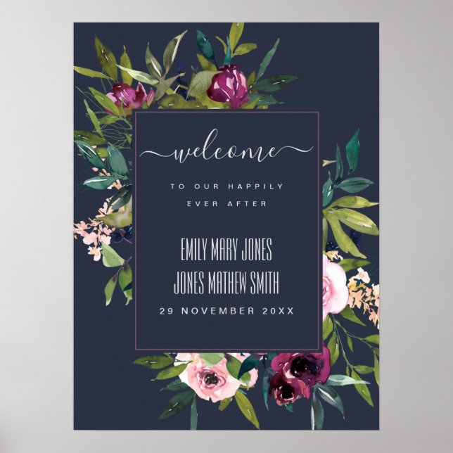 NAVY BLUSH BURGUNDY FLORAL BUNCH WEDDING WELCOME POSTER (Front)