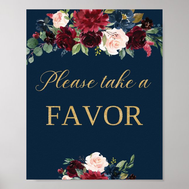 Navy blush burgundy floral favour wedding sign (Front)