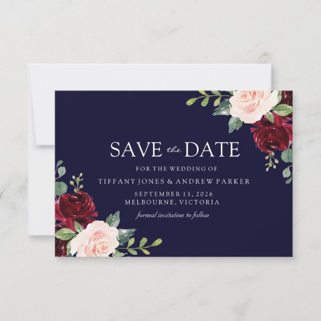 Navy Blush & Burgundy Floral Watercolor Save The Date (Front)