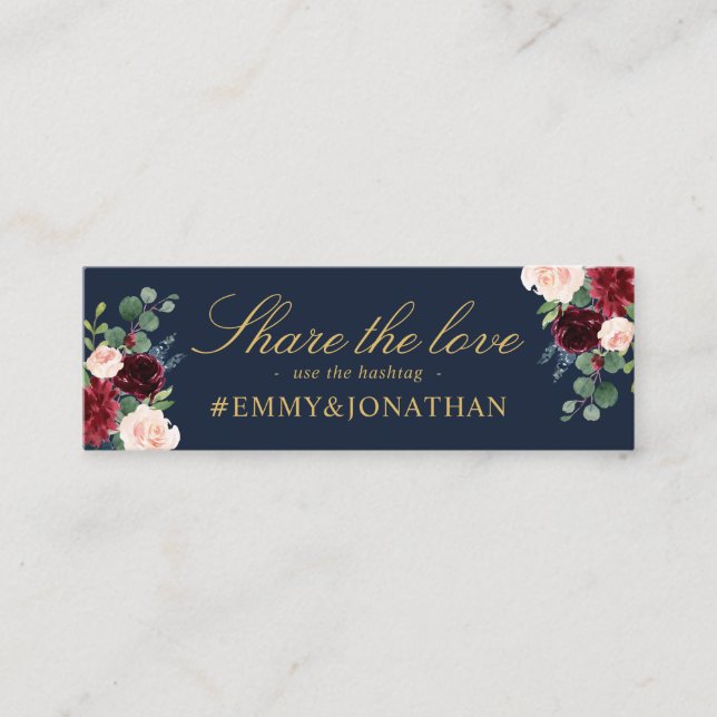 Navy & blush,burgundy floral wedding hashtag card (Front)
