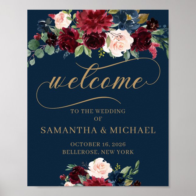 Navy blush burgundy floral wedding welcome sign (Front)