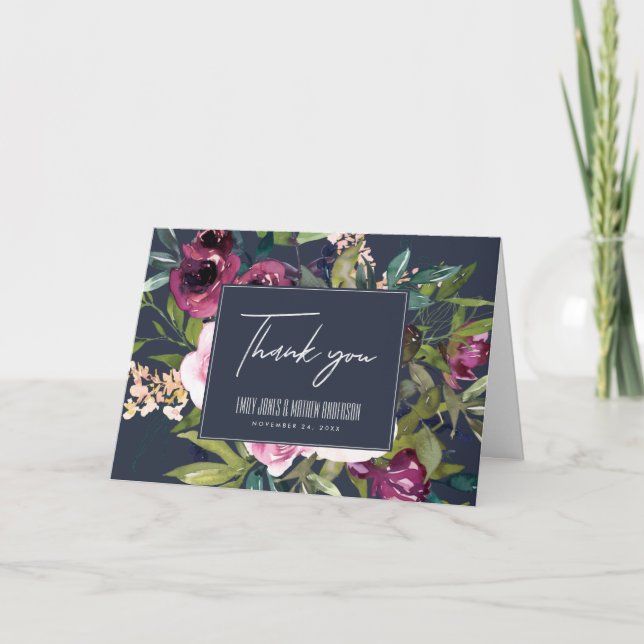 NAVY BLUSH BURGUNDY GREEN FLORAL BUNCH WEDDING THANK YOU CARD (Front)