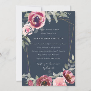 NAVY BLUSH BURGUNDY ROSE FLORAL BABY SHOWER INVITE
