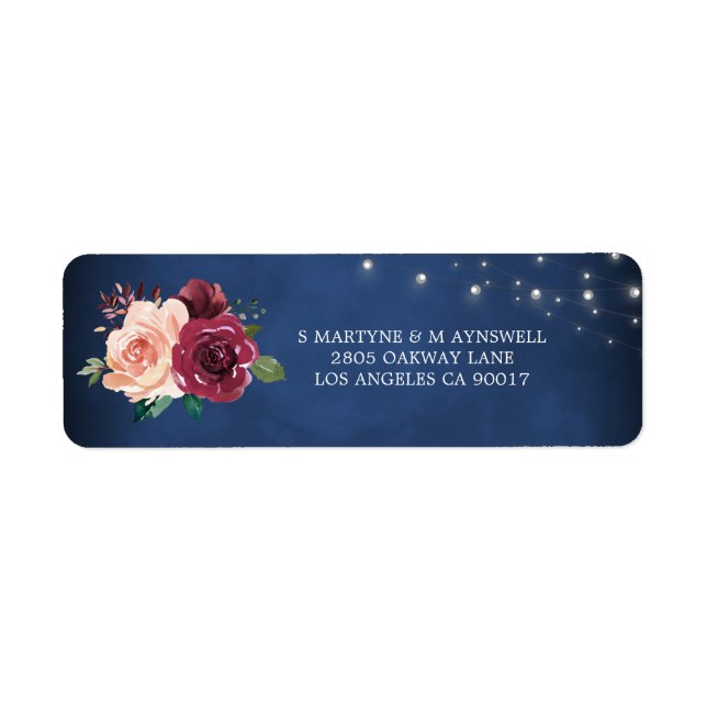 Navy Blush Burgundy Rose Lights Wedding Address (Front)