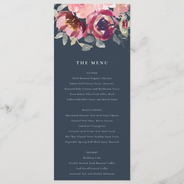 NAVY BLUSH BURGUNDY WATERCOLOR FLORAL WEDDING MENU (Front)
