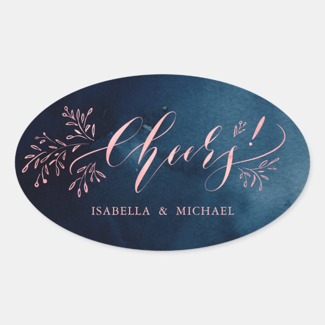 Navy blush calligraphy cheers rustic floral oval sticker (Front)