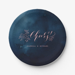 Navy blush calligraphy cheers rustic floral party paper plate