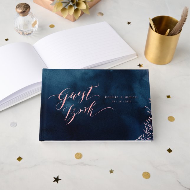Navy blush calligraphy rustic wedding guest book (Front Open)