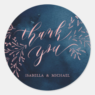 Navy blush calligraphy thank you rustic floral classic round sticker