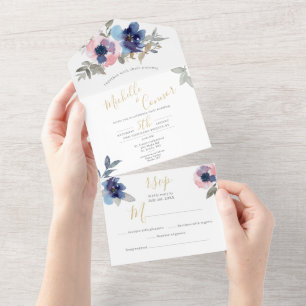 Navy & Blush Floral All in One Wedding Invite