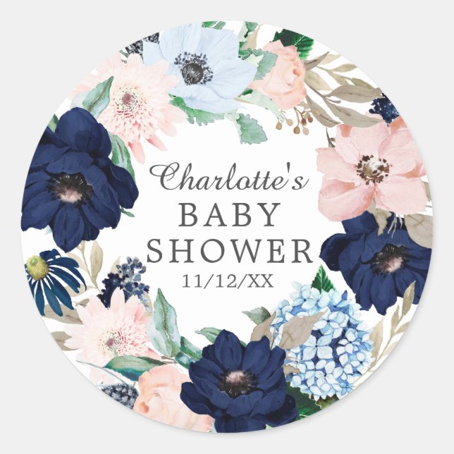 Navy & Blush Floral Baby Shower Favour Sticker (Front)