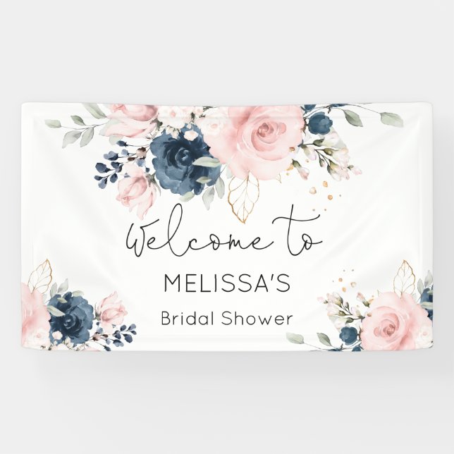 Navy blush floral bridal shower welcome banner (Horizontal)