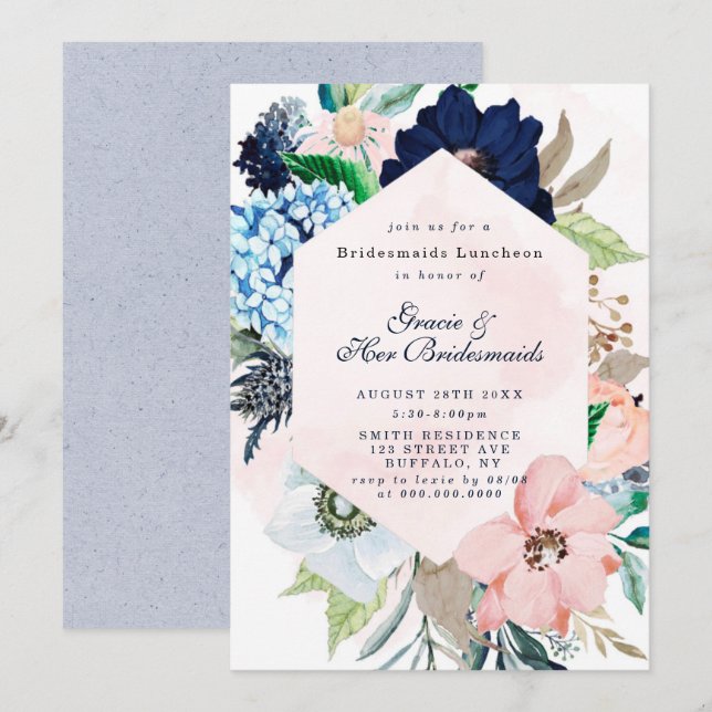 Navy Blush Floral Bridesmaids Luncheon Invites (Front/Back)