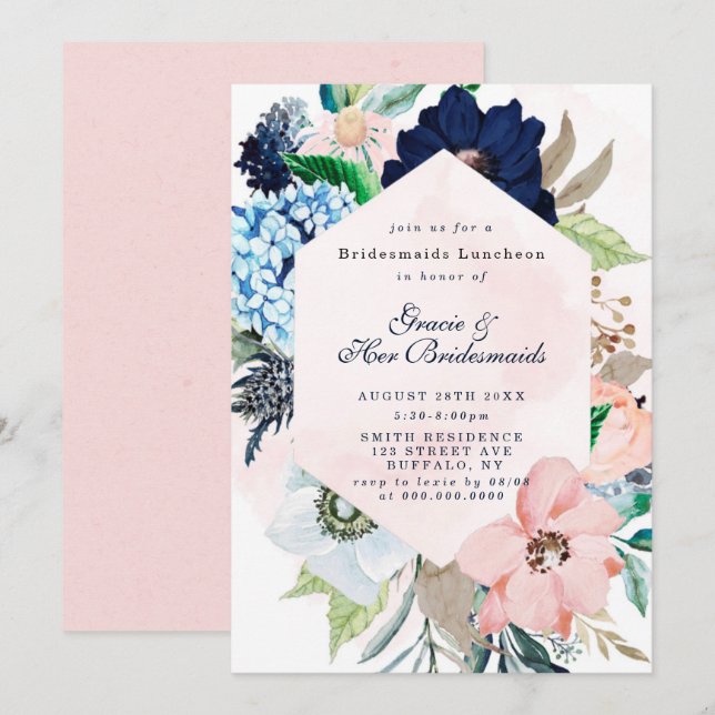 Navy Blush Floral Bridesmaids Luncheon Invites (Front/Back)