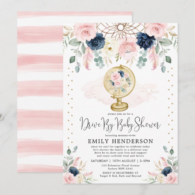 Navy Blush Floral Drive By Baby Shower Quarantine Invitation (Front/Back)