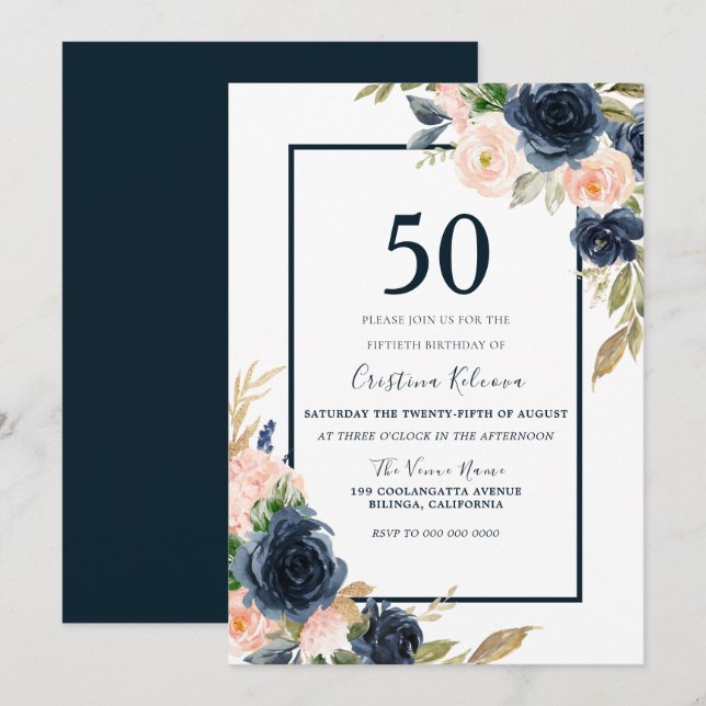 Navy & Blush Floral Elegant 50th Birthday Party Invitation (Front/Back)