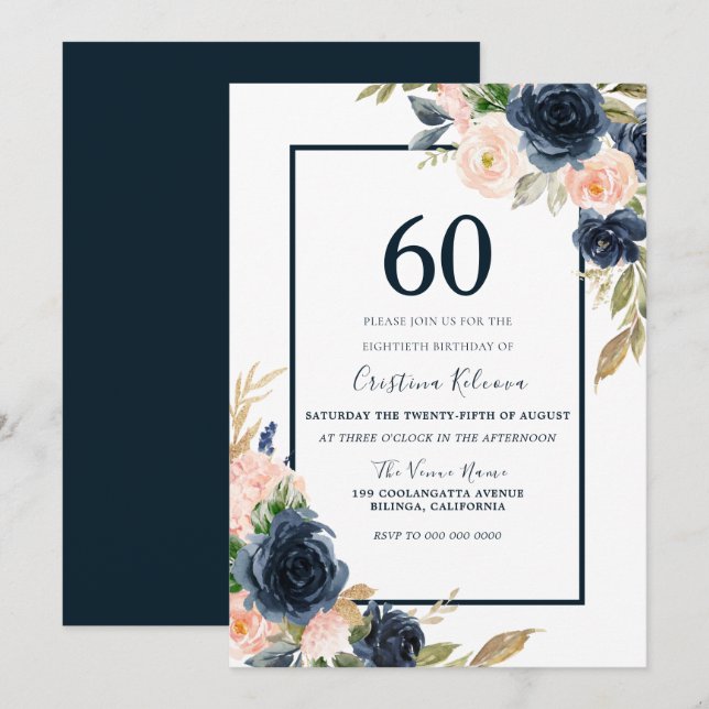 Navy & Blush Floral Elegant 60th Birthday Party Invitation (Front/Back)