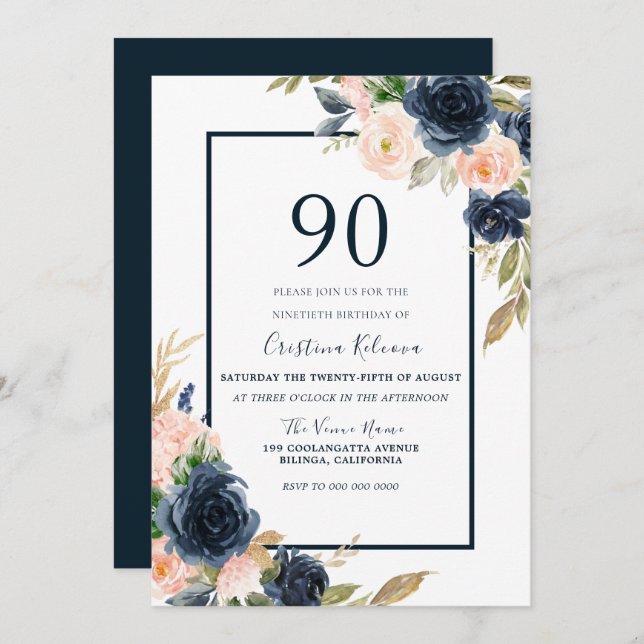 Navy & Blush Floral Elegant 90th Birthday Party Invitation (Front/Back)