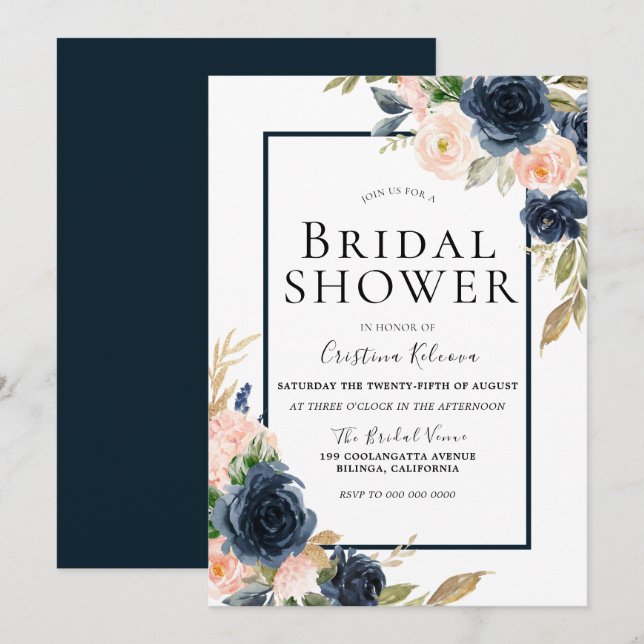 Navy & Blush Floral Elegant Bridal Shower Invitation (Front/Back)