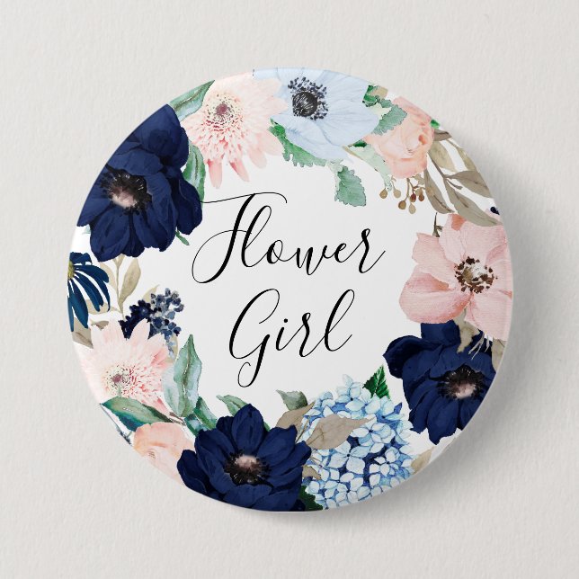Navy & Blush Floral Flower Girl 3 Inch Round Button (Front)