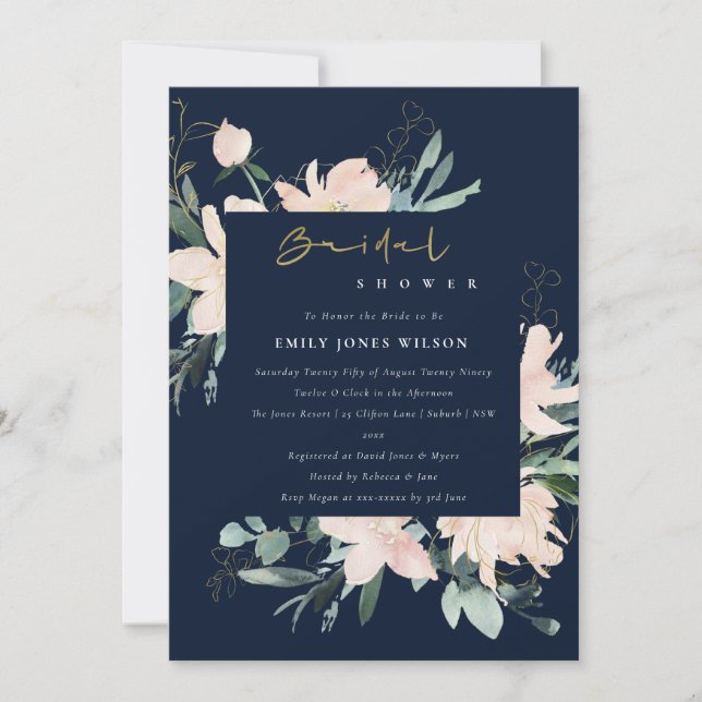 NAVY BLUSH FLORAL FRAME WATERCOLOR BRIDAL SHOWER INVITATION (Front)