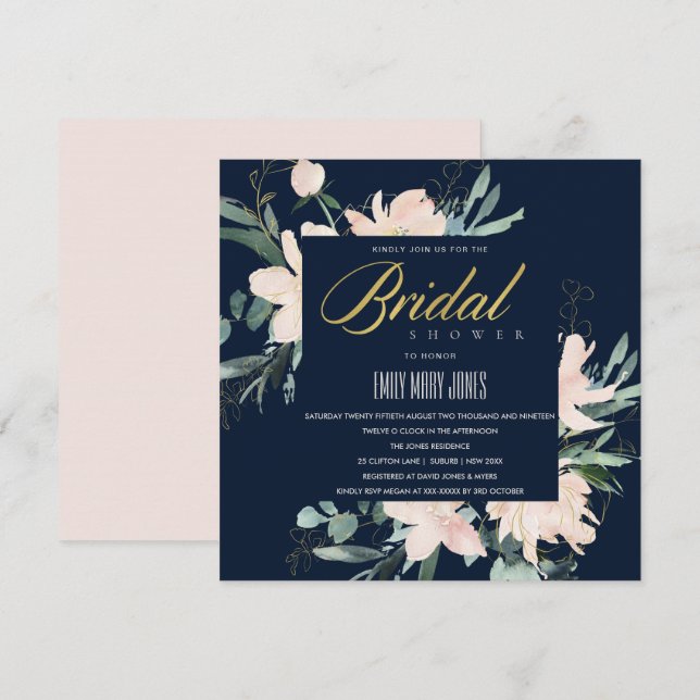NAVY BLUSH FLORAL FRAME WATERCOLOR BRIDAL SHOWER INVITATION (Front/Back)