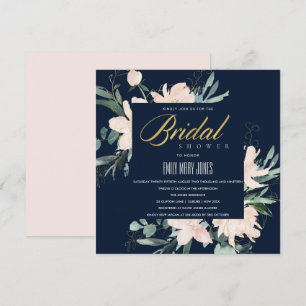 NAVY BLUSH FLORAL FRAME WATERCOLOR BRIDAL SHOWER INVITATION