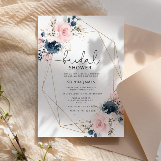 Navy blush floral geometric frame bridal shower invitation (Creator Uploaded)