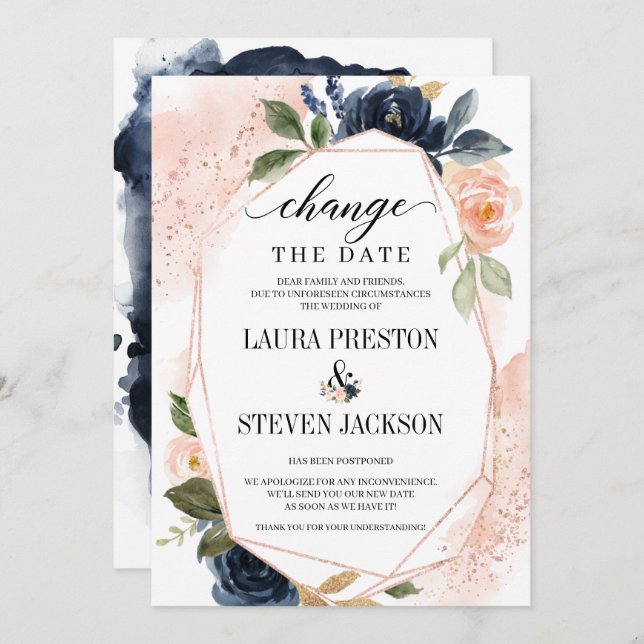Navy Blush Floral Geometric Frame Change the Date Invitation (Front/Back)