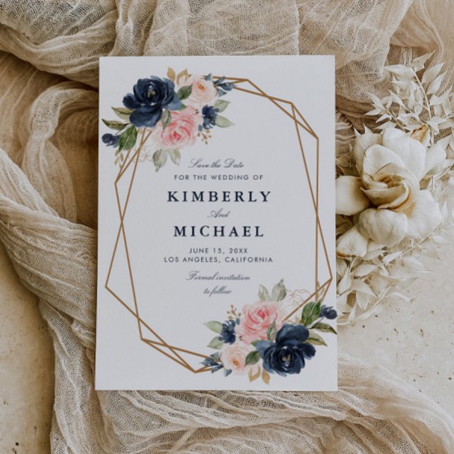 navy & blush floral geometric save the date card (Creator Uploaded)