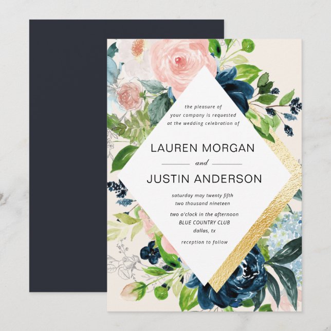 navy blush floral gold border wedding invitation (Front/Back)