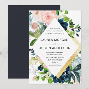 navy blush floral gold border wedding invitation