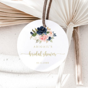 Navy Blush Floral Gold Bridal Shower Favour   Classic Round Sticker