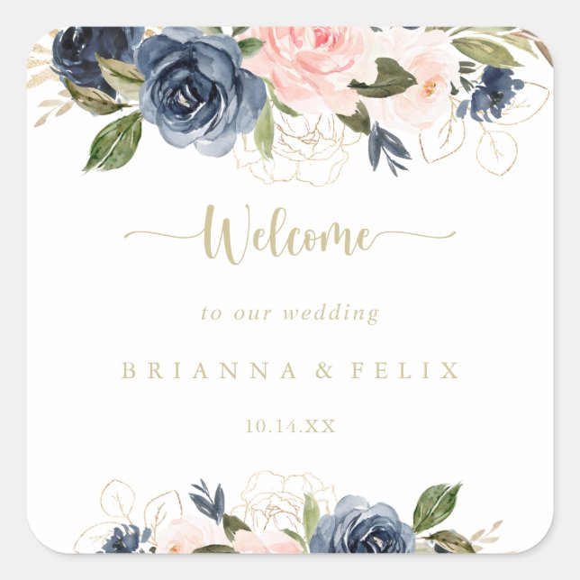 Navy Blush Floral Gold Wedding Welcome Square Sticker (Front)