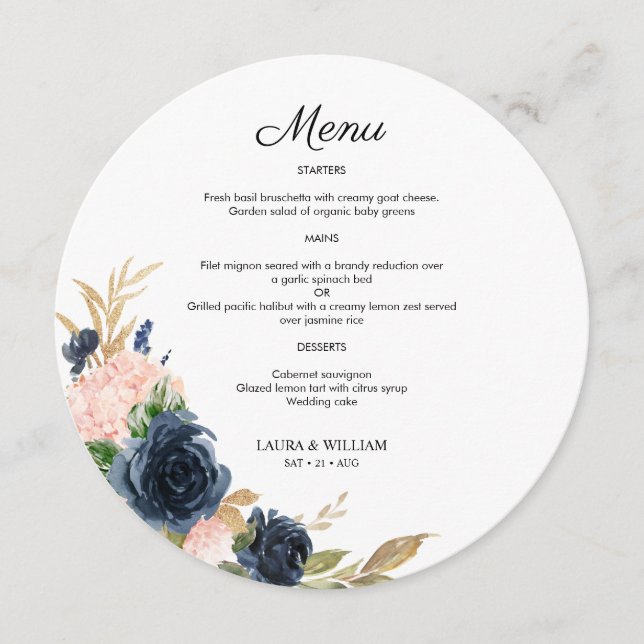 Navy Blush Floral Golden Leaves Round Menu (Front)