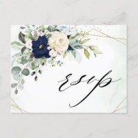 Navy Blush Floral Greenery Geometric Wedding RSVP