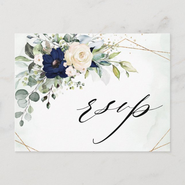 Navy Blush Floral Greenery Geometric Wedding RSVP Postcard (Front)
