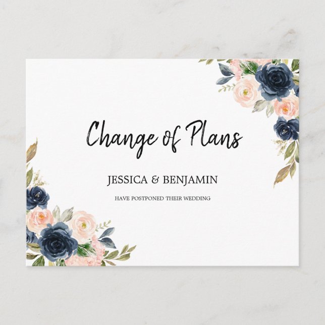 Navy Blush Floral Greenery Leaves Change of Plans Postcard (Front)