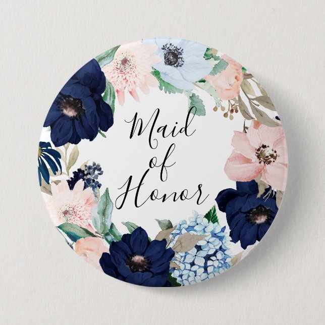 Navy & Blush Floral Maid of Honour 3 Inch Round Button (Front)