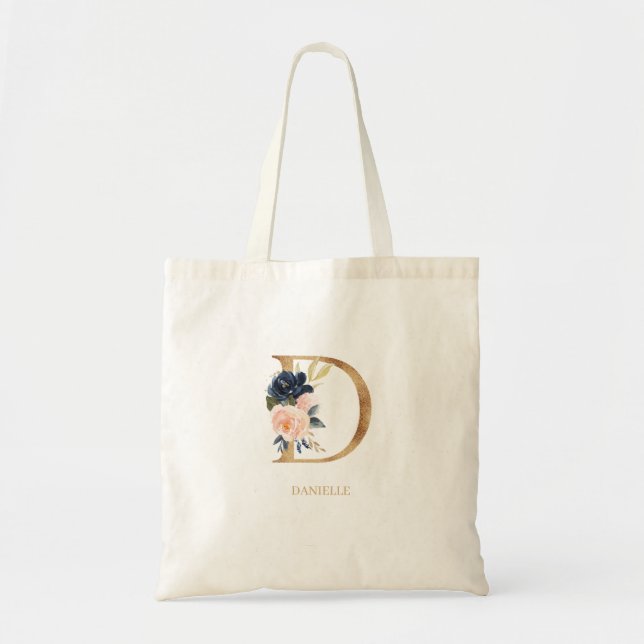 Navy Blush Floral Monogram Letter "D" Personalized Tote Bag (Front)